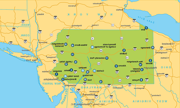 宾夕法尼亚州地图，包括365英国上市校园和主要道路.